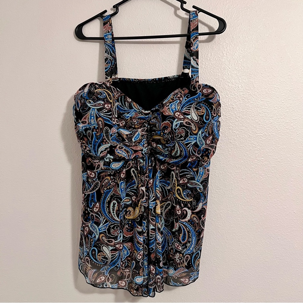 A Shore Fit Women’s Plus Size Paisley Fauxkini One Piece Swimsuit Top Paisley